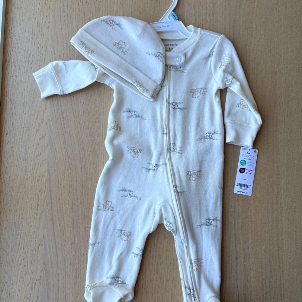 Baby 2-Piece 2-Way Zip Elephant Cotton Sleep & Play Pajamas & Cap Set, 6M